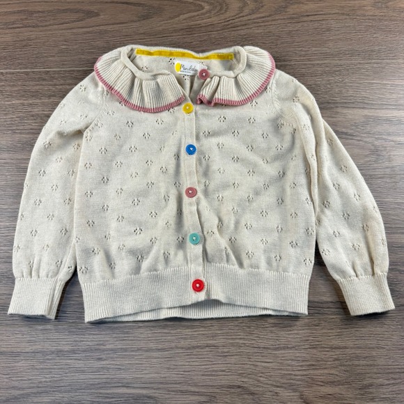 Mini Boden Girls Cream Pointelle Knit Cardigan Ruffle Collar Colored Buttons 6/7 - Picture 2 of 13